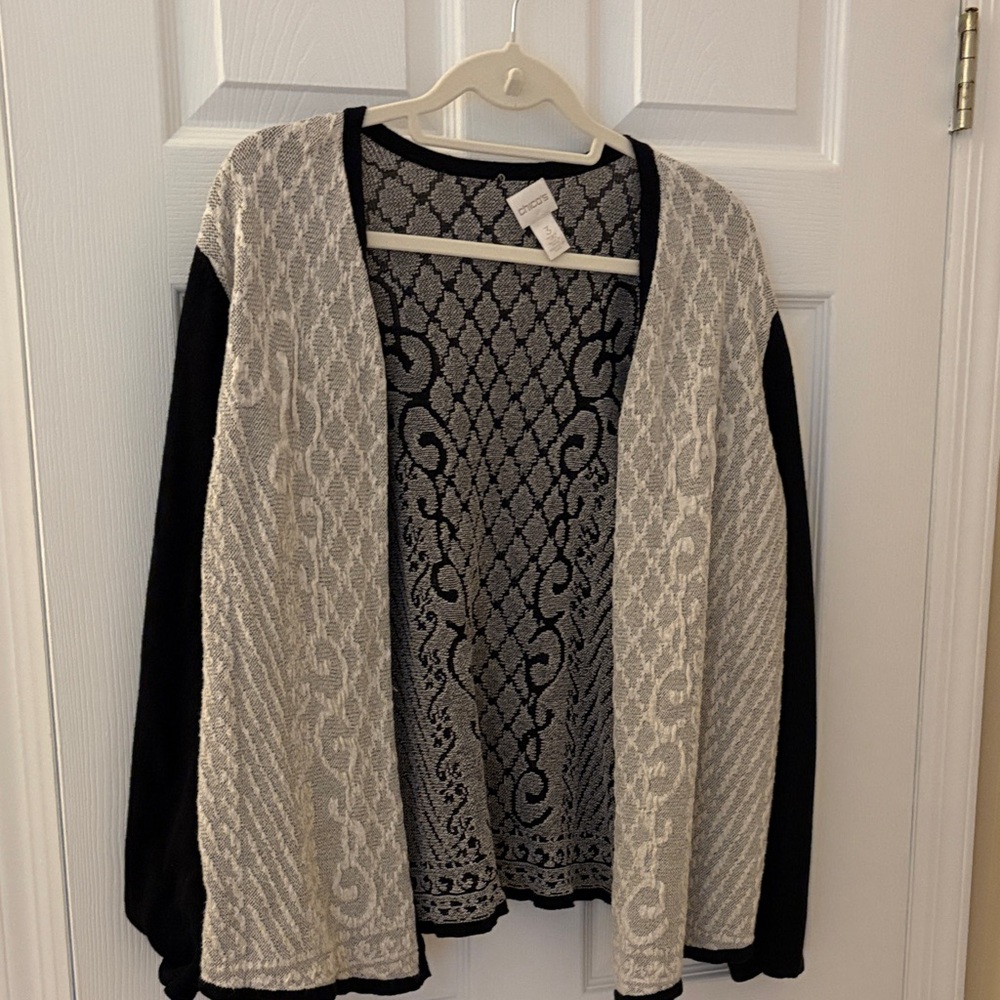 Chico's Black and Cream Open-Front Cardigan. size 3